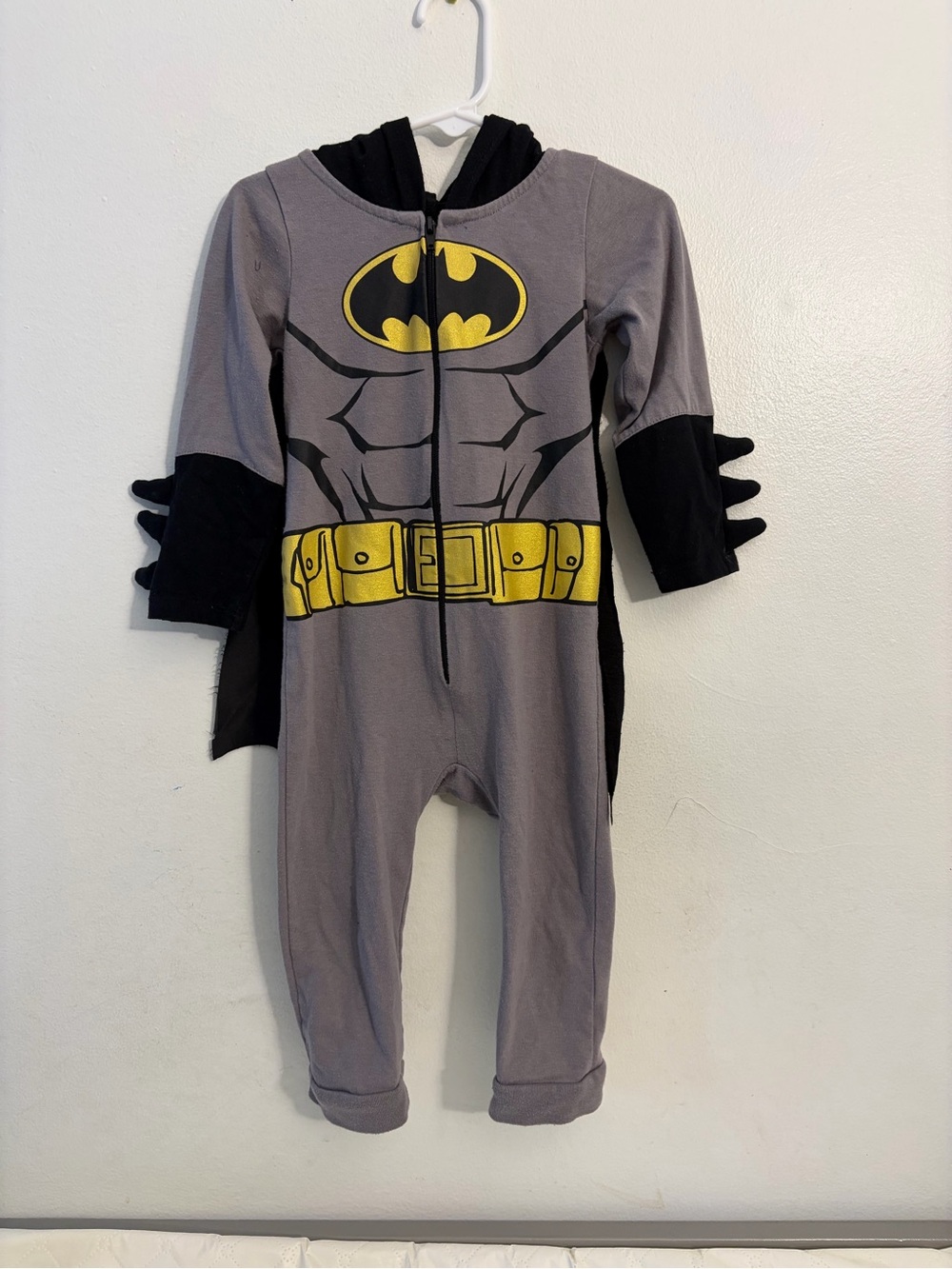 Batman Gray and Black Hooded Toddler Superhero Romper with Yellow Emblem. 24 mos